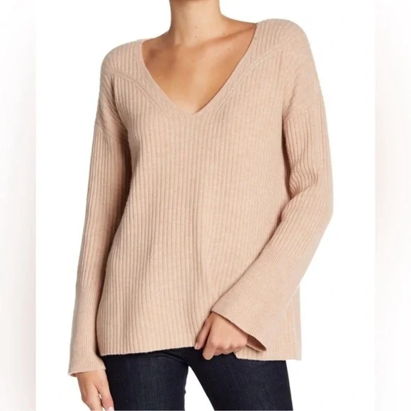 Rag & Bone Mitchell 100% Merino Wool V Neck Ribbed Sweater Oat Large - Picture 1 of 7